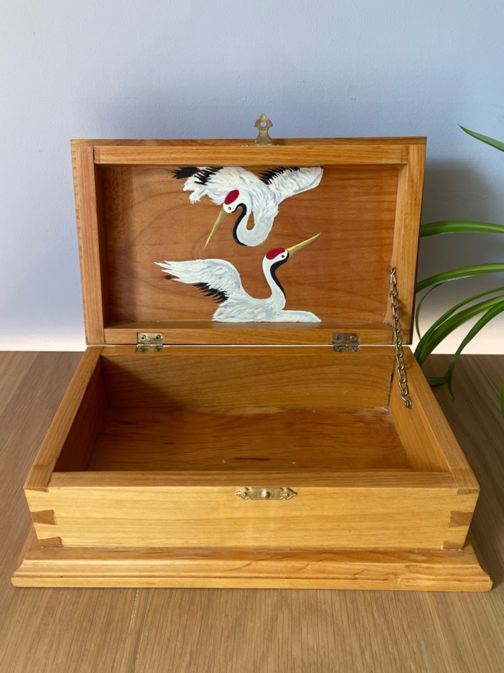 Vintage Wooden Keepsake Trinket Jewelry Box with Handpainted Crane Illustrations